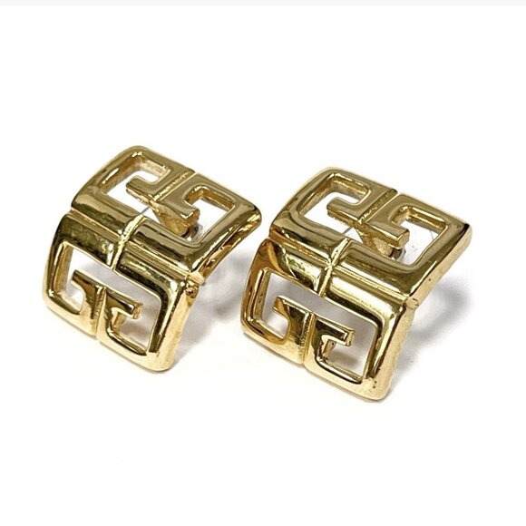 VTG 80s Givenchy 4G Logo Earrings Gold Tone Clip-on Chunky Runway Quite Luxury - Picture 1 of 9